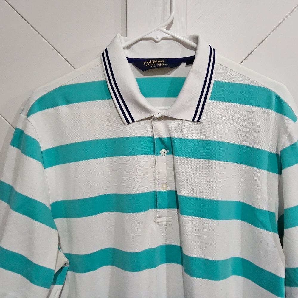 Polo Golf Ralph Lauren Performance Polo Mens Large Teal White Striped Short Sl
